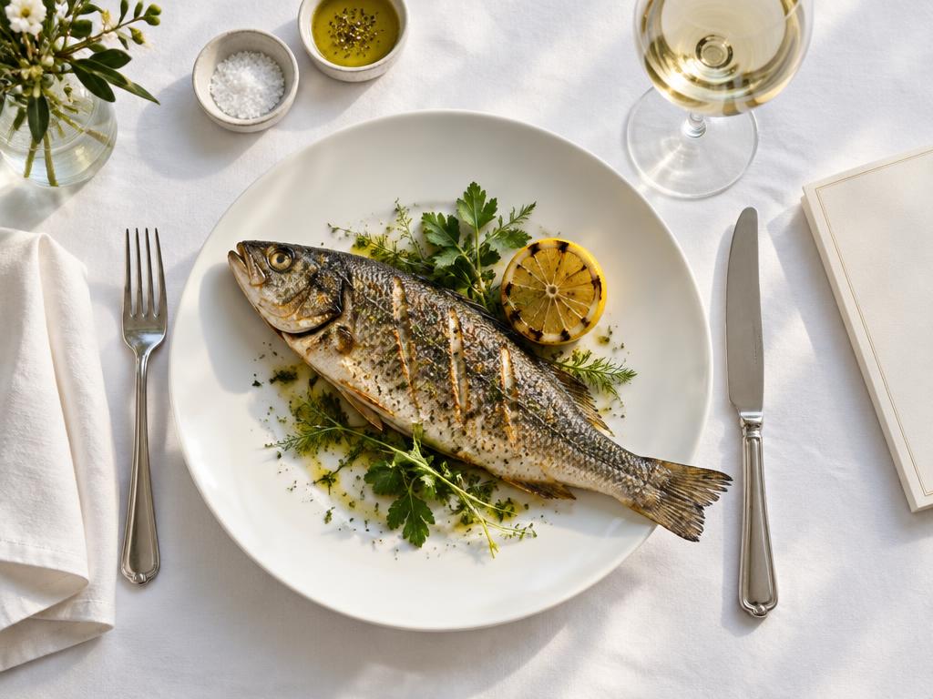 Sea bass with lemon and herbs on a restaurant table